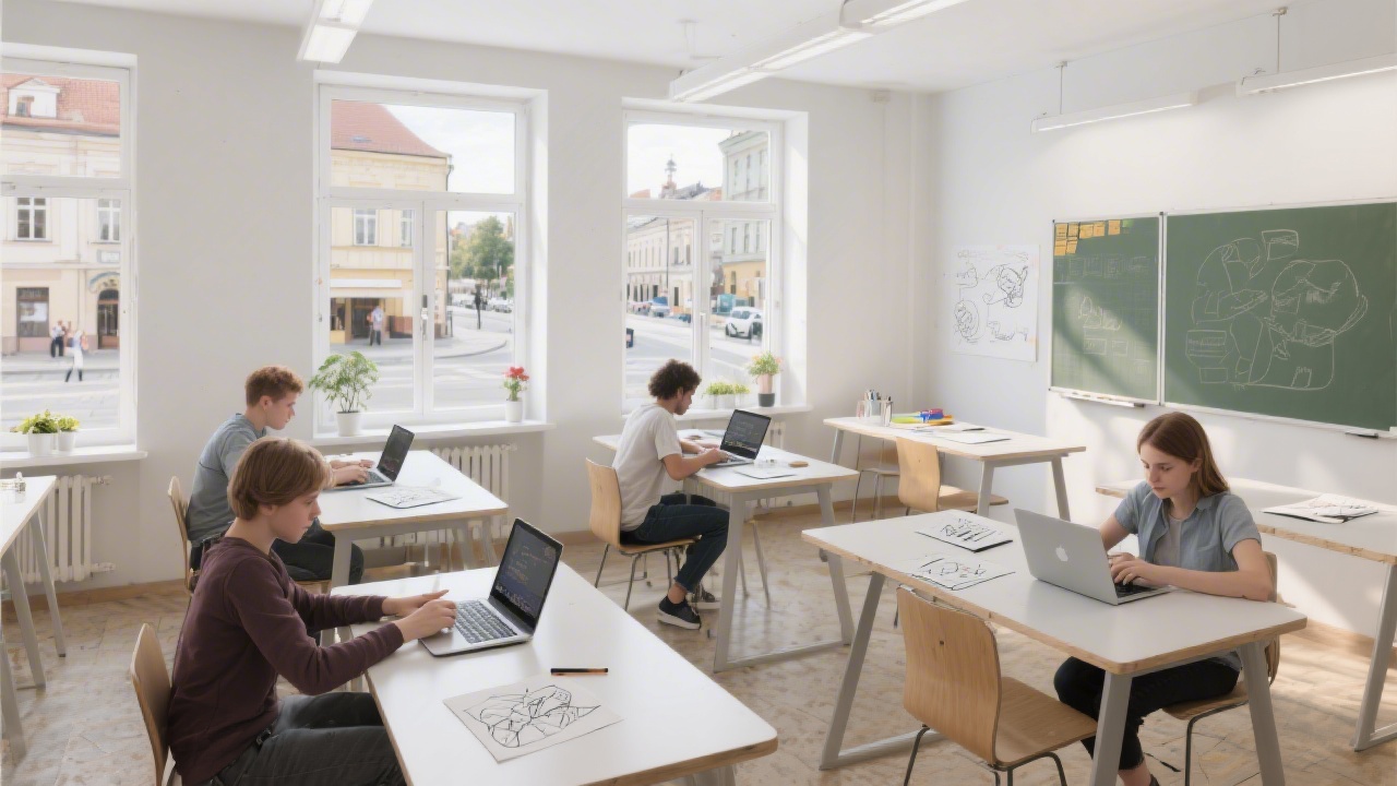 Bright classroom with students working on laptops, large windows overlooking Olomouc streets, modern desks, sketch pads, and a calm creative atmosphere
