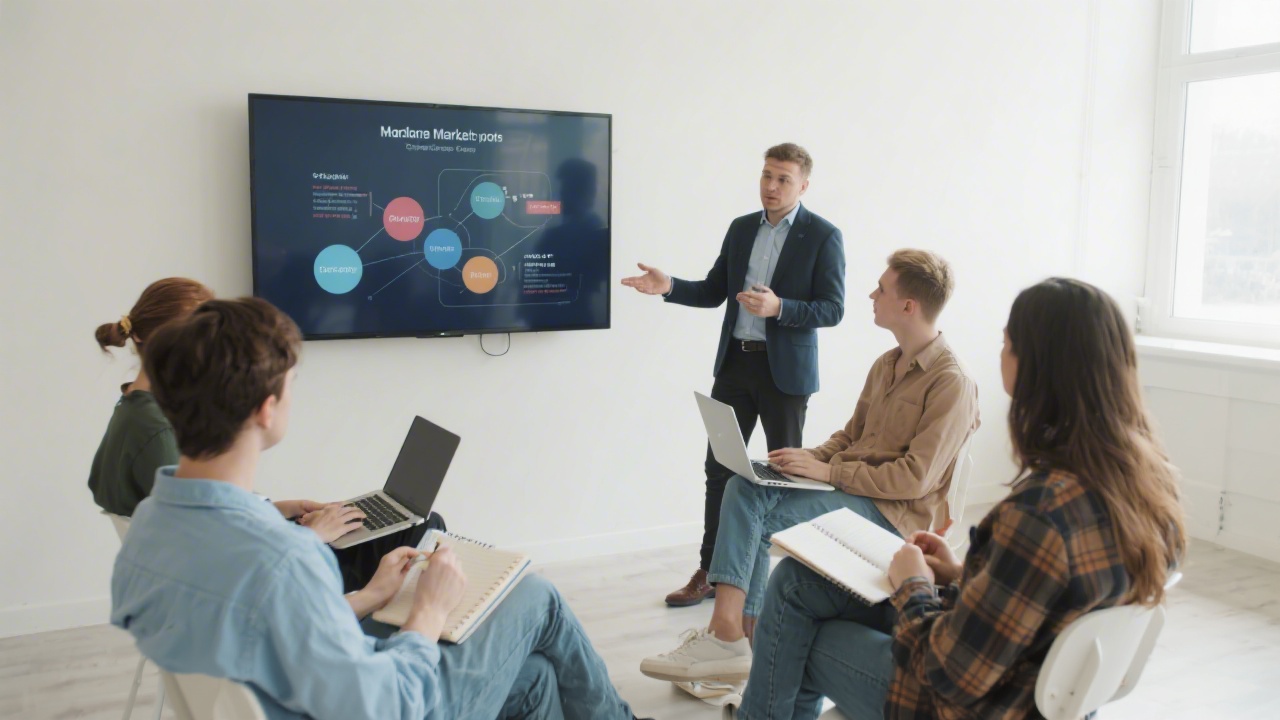 Instructor standing near a screen, explaining marketing concepts to a small group of learners with notebooks and open laptops in a bright room