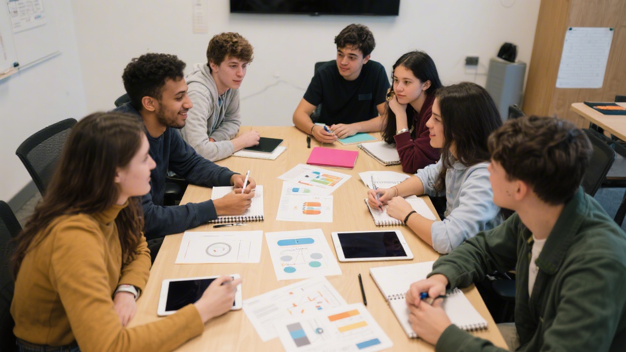 Group of students collaborating at a large table with notebooks, tablets, and design mockups, discussing user needs and product priorities